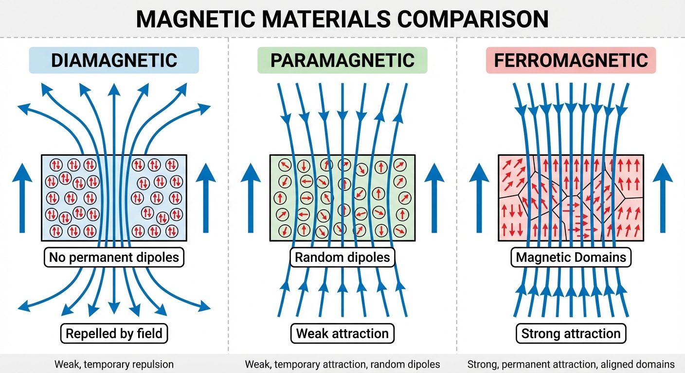 A detailed comparative diagram split into three vertical panels representing Diamagnetic, Paramagnet...