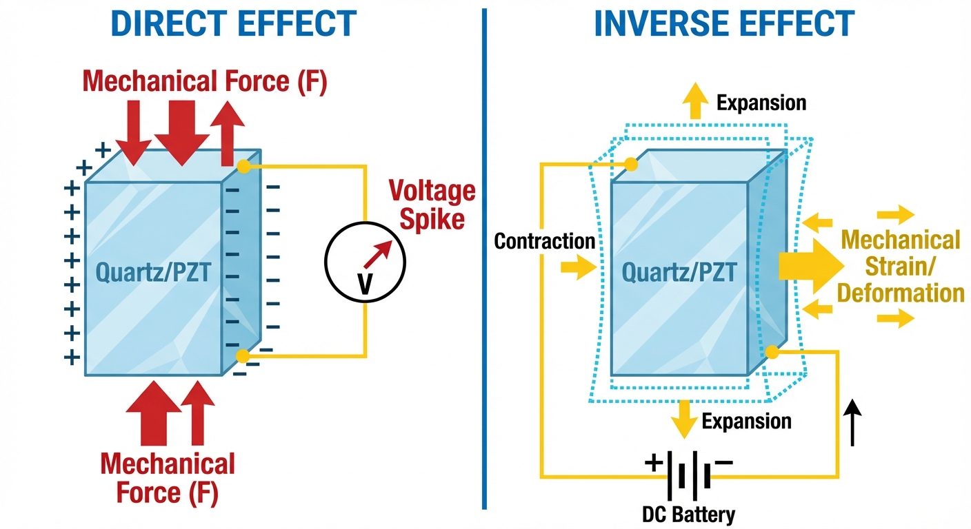 A technical block diagram illustrating the Piezoelectric Effect, divided into two distinct halves: '...