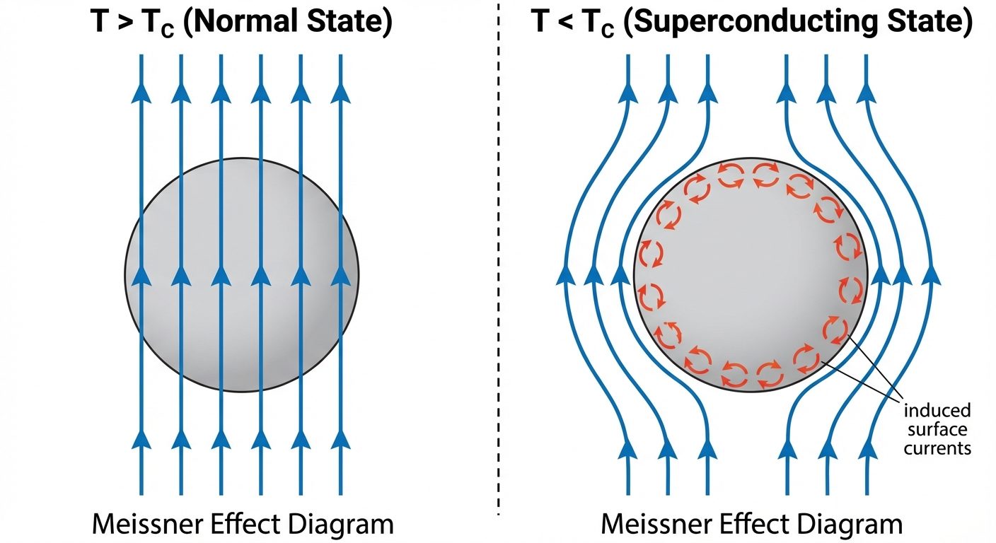 A diagram illustrating the Meissner Effect with two states.
State 1 (Left): Labeled "T > Tc (Normal ...