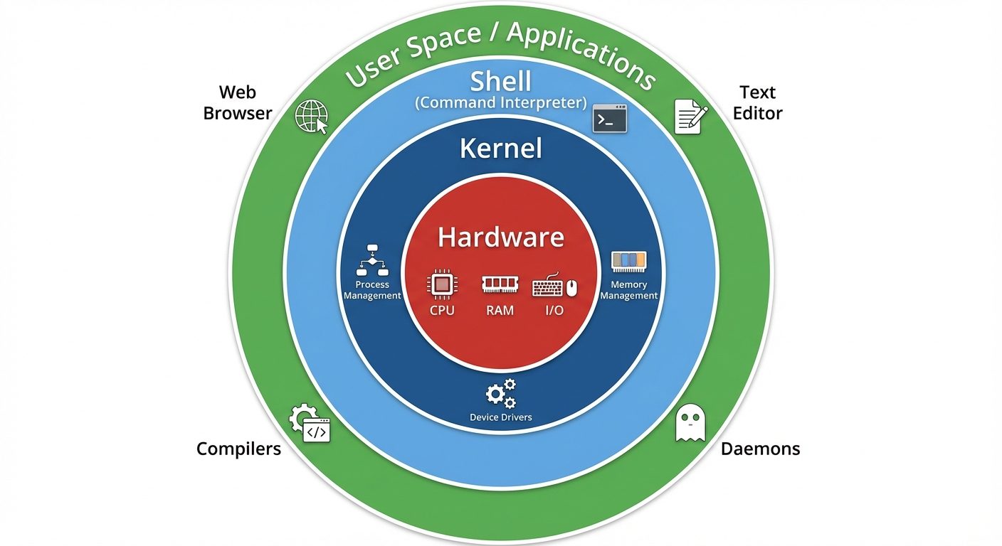 A layered concentric circle diagram illustrating the Linux Operating System Architecture. The innerm...