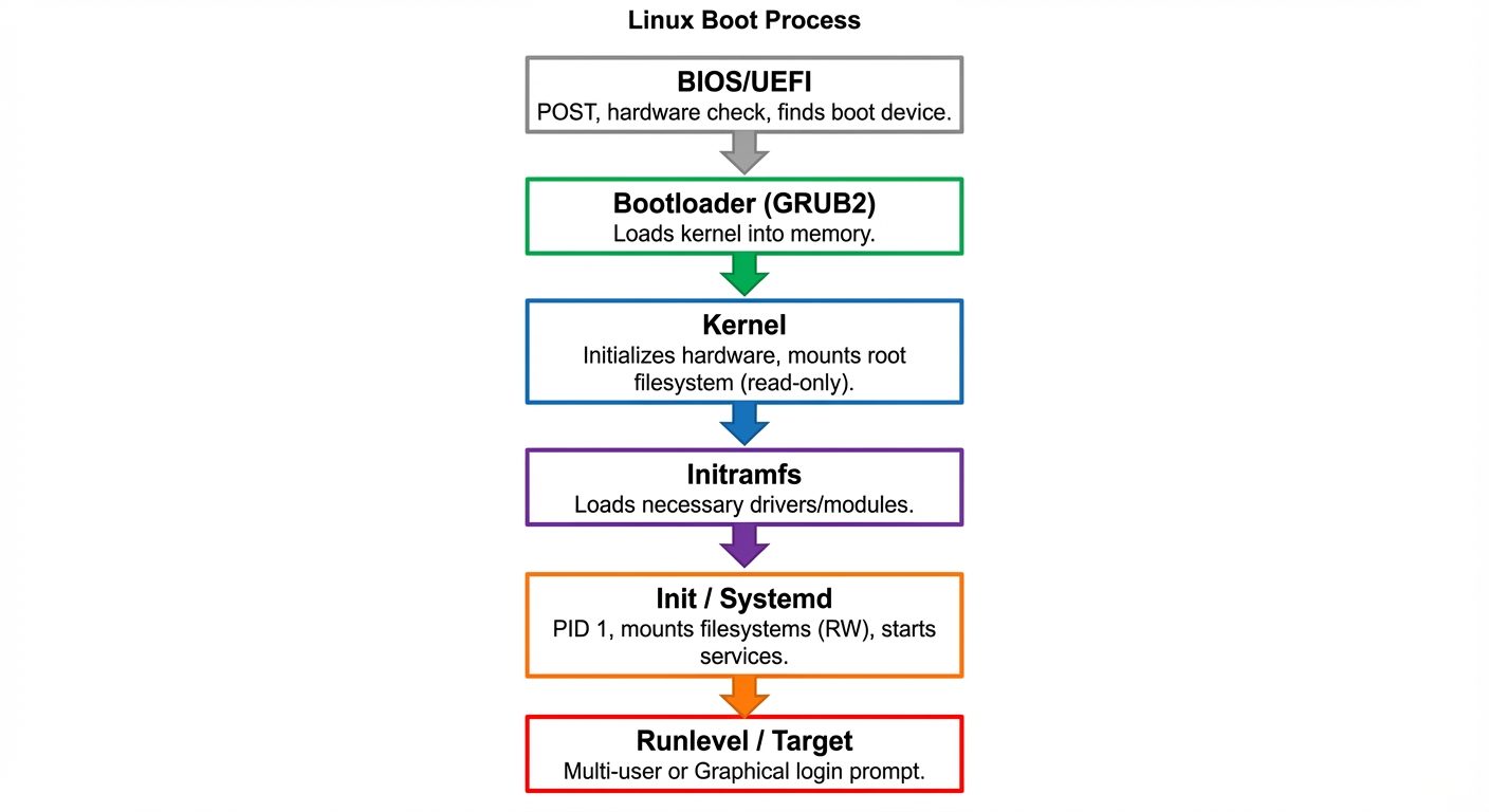 A vertical flowchart diagram depicting the Linux Boot Process from power-on to user login. The chart...
