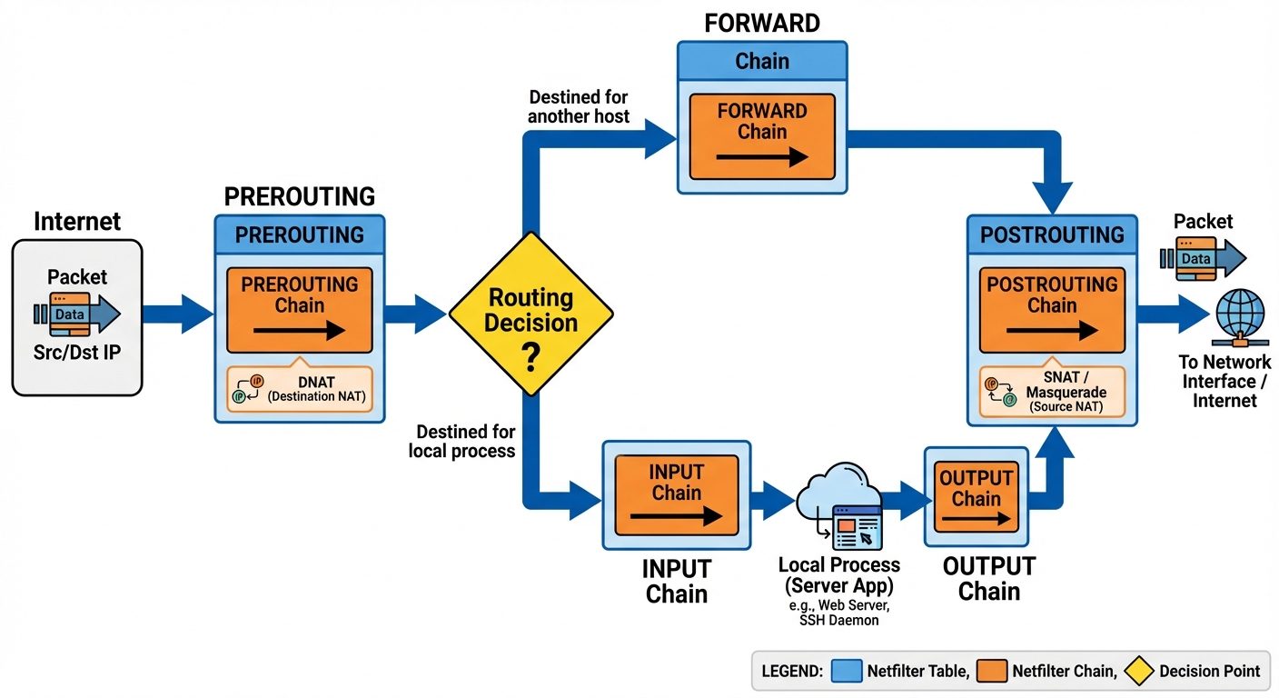 A detailed network diagram visualizing the flow of a packet through a Linux firewall (Netfilter). Th...