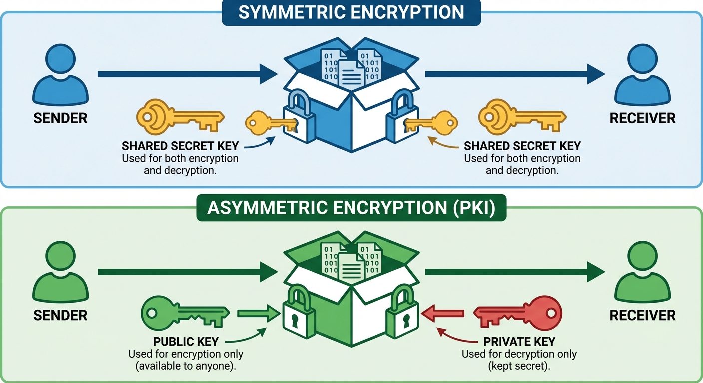 A conceptual diagram comparing Symmetric vs. Asymmetric Encryption in the context of authentication....