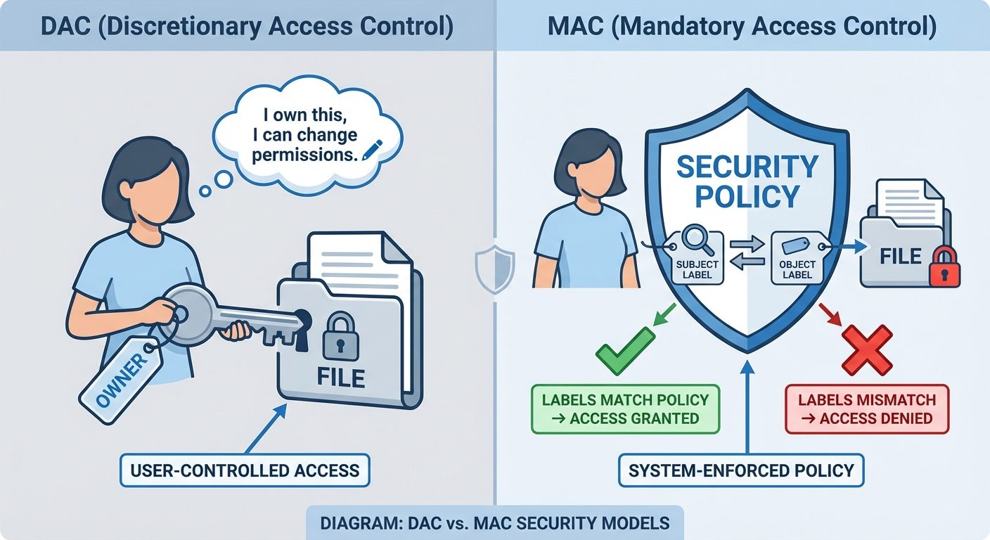 A split-screen comparison diagram illustrating DAC vs. MAC security models. The Left side labeled "D...