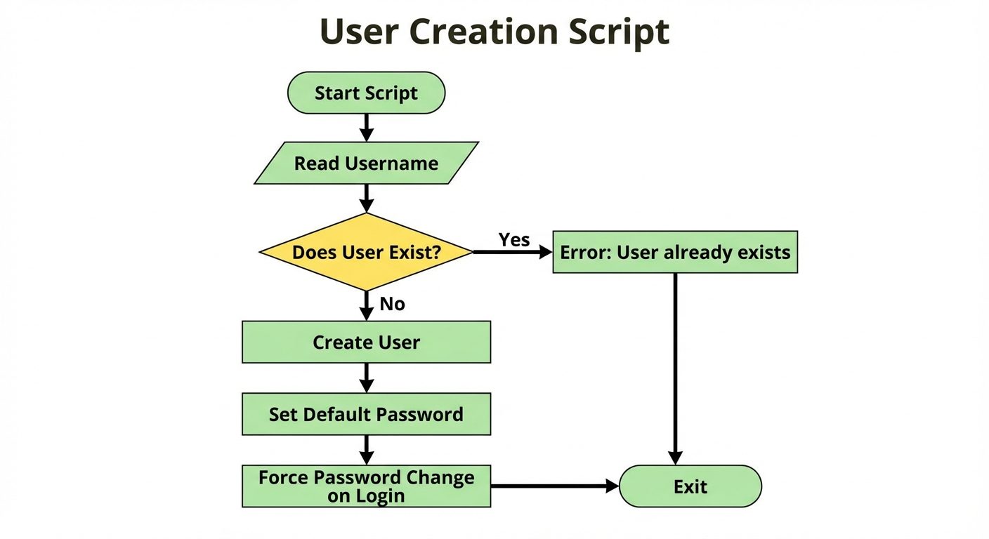A logic flowchart for a Bash Automation Script titled "User Creation Script". Start node (Oval) "Sta...
