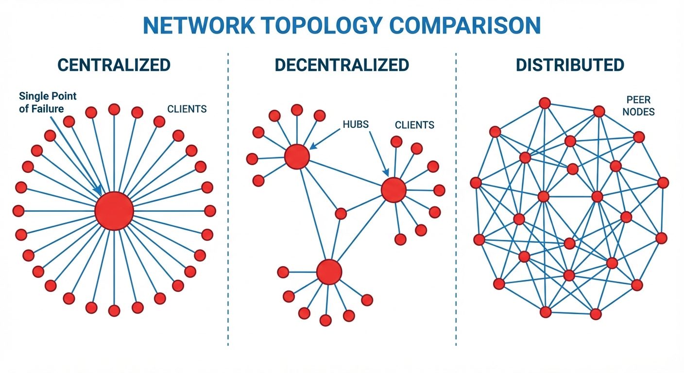 A comparison diagram showing three network topologies side-by-side. The left panel shows "Centralize...