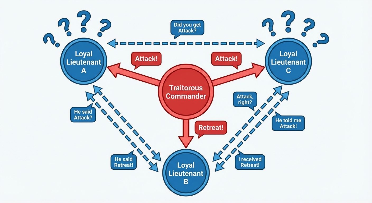 A schematic diagram illustrating the Byzantine Generals Problem. In the center, place a node labeled...