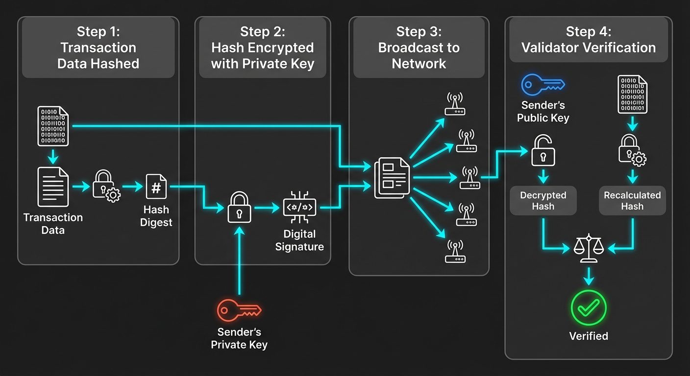 A step-by-step flowchart showing how a Blockchain Transaction is secured. Step 1: 'Transaction Data'...