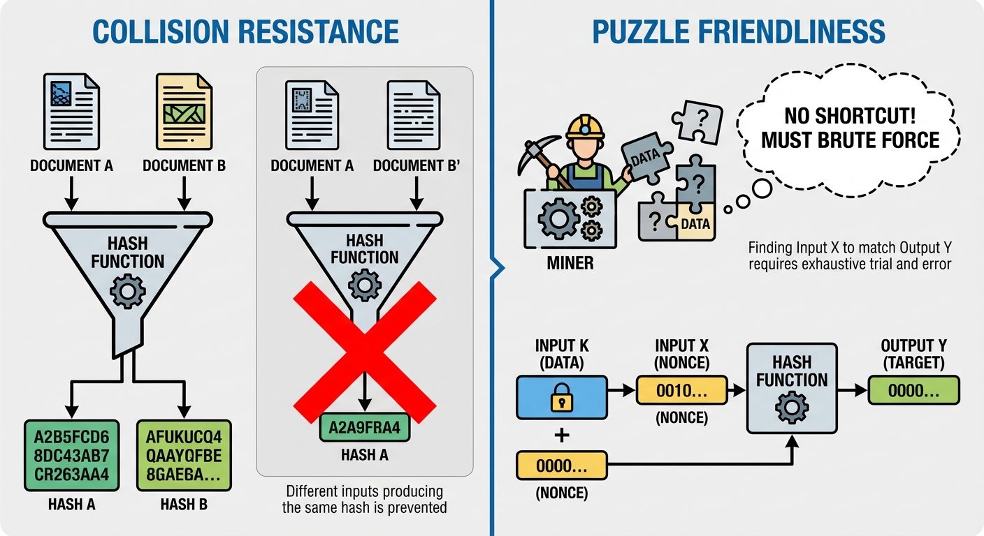 A diagram comparing "Collision Resistance" and "Puzzle Friendliness". The left side titled "Collisio...