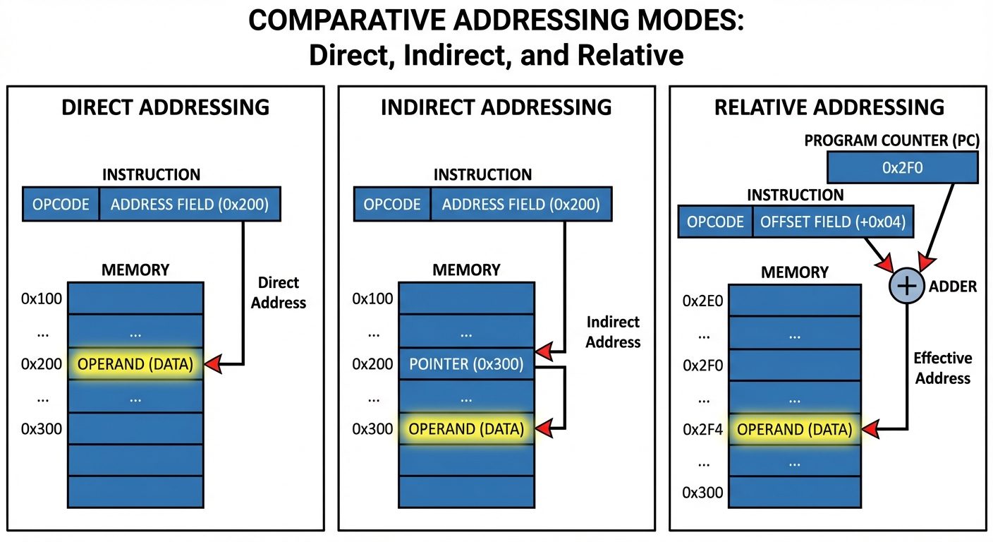 A comparative diagram illustrating three specific addressing modes: Direct Addressing, Indirect Addr...
