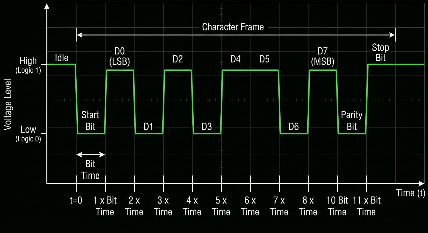 A timing diagram visualizing the UART data transmission format (Asynchronous Serial Transmission). S...