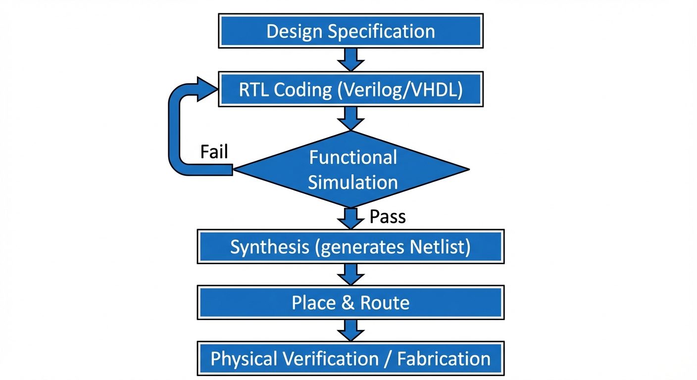 A vertical flowchart diagram illustrating the HDL Design Flow. The flow starts at the top with a box...