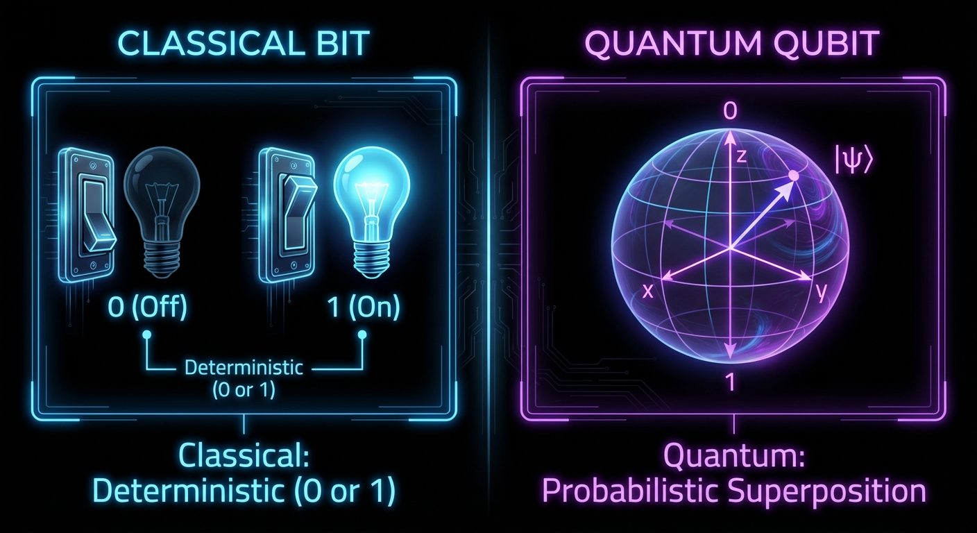 A comparative visualization diagram showing "Classical Bit" vs "Quantum Qubit". The left side shows ...