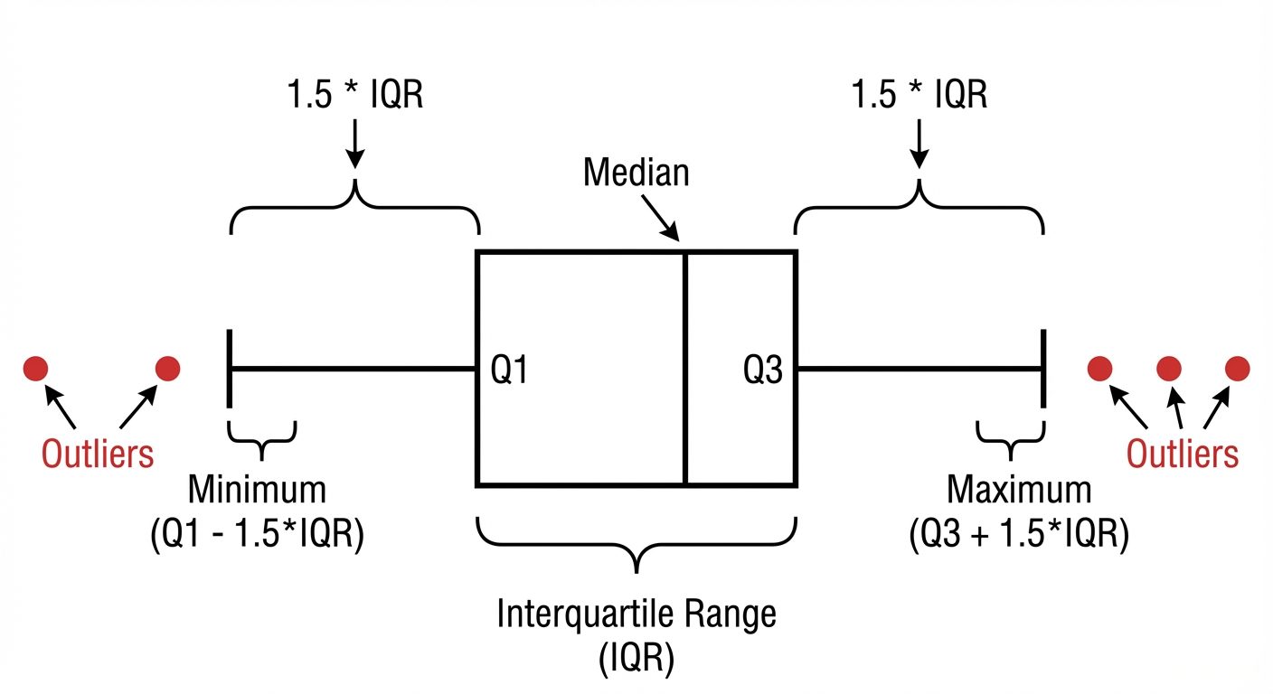 A detailed anatomical diagram of a Box and Whisker Plot (Boxplot) used for outlier detection. The ce...