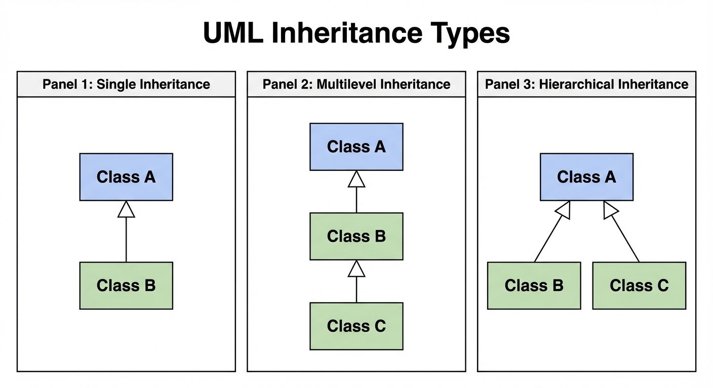 A UML-style class diagram illustrating three types of inheritance side-by-side. Panel 1: "Single Inh...