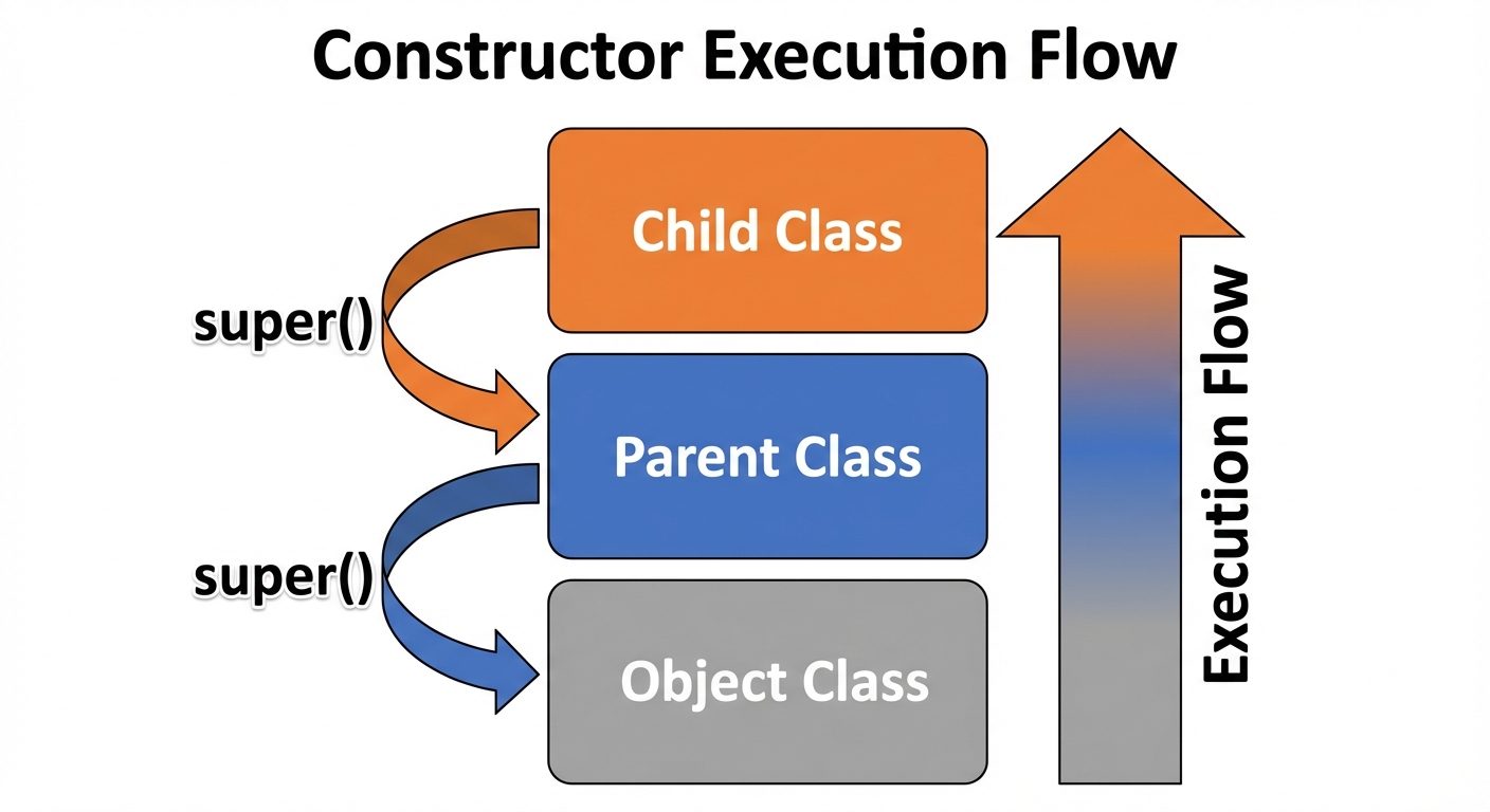 A conceptual diagram visualizing "Constructor Chaining" in Java. Show a vertical stack of three bloc...