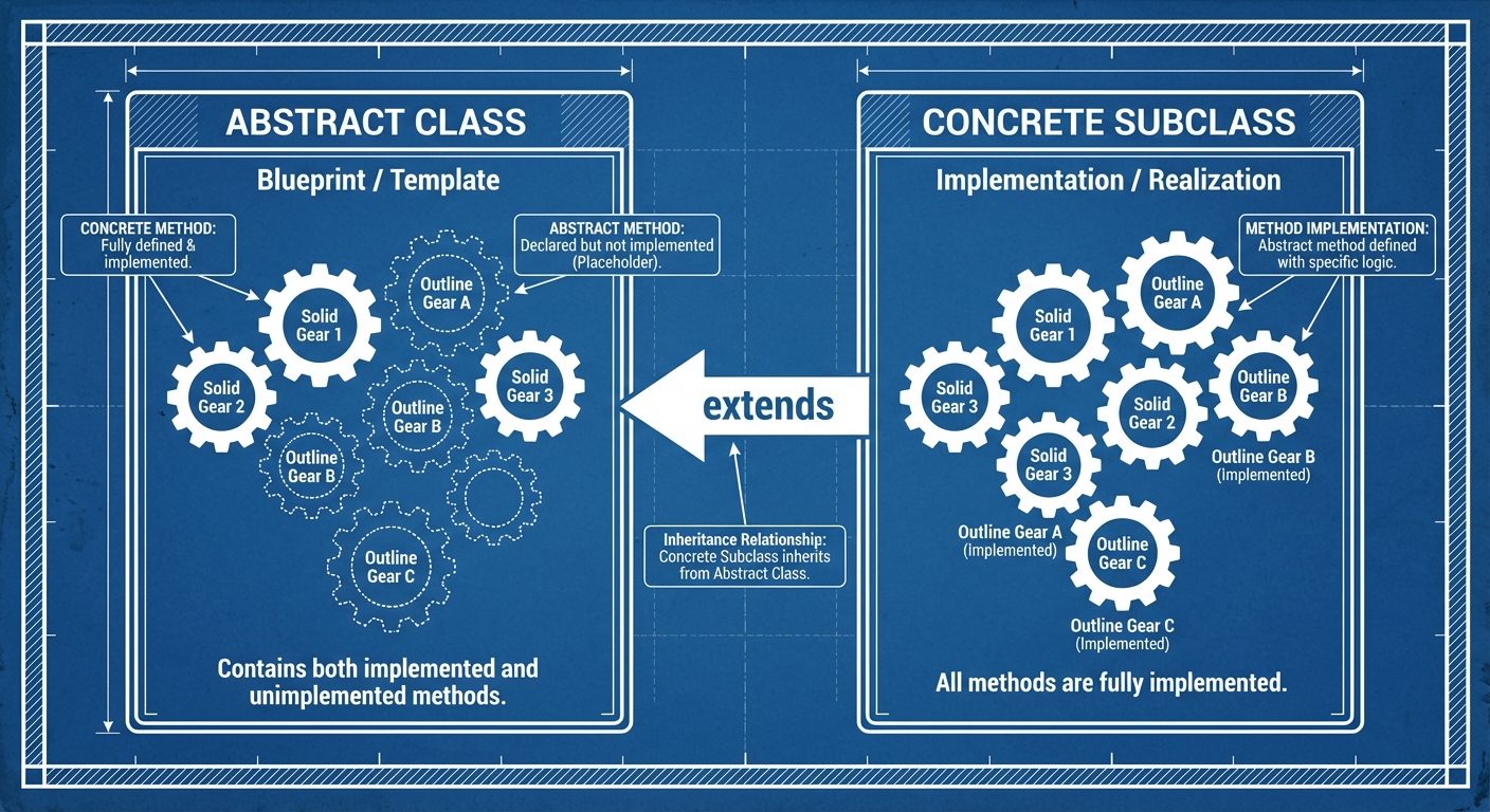 A comparative illustration between an Abstract Class and a Concrete Class. On the left, a box labele...