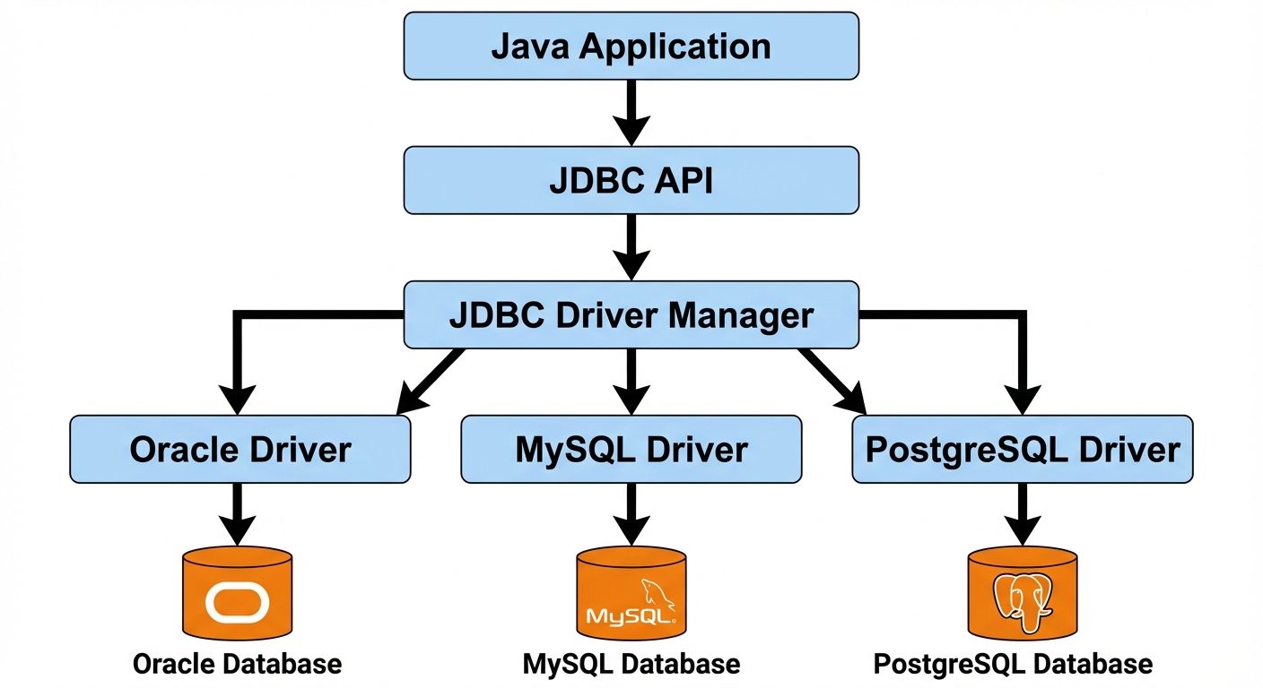 A block diagram representing the JDBC Architecture. Top layer: "Java Application". Arrow down to sec...