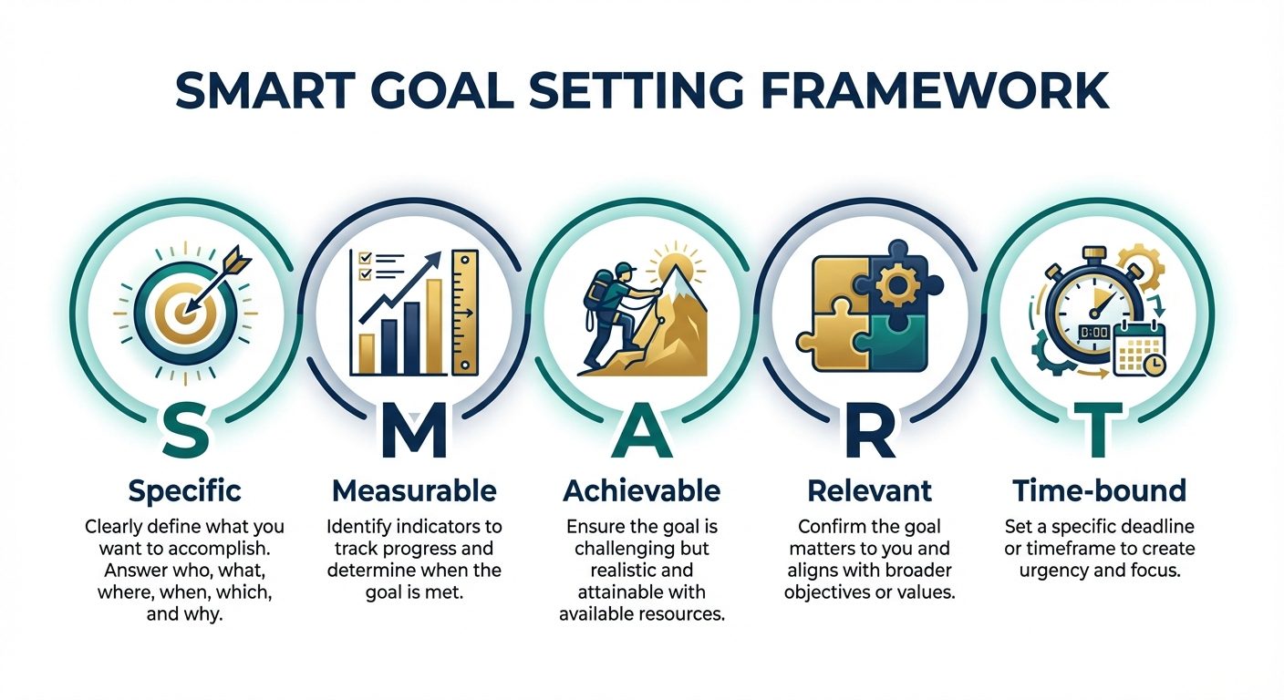 An infographic visualization of the SMART Goal setting framework. Five circular icons arranged horiz...