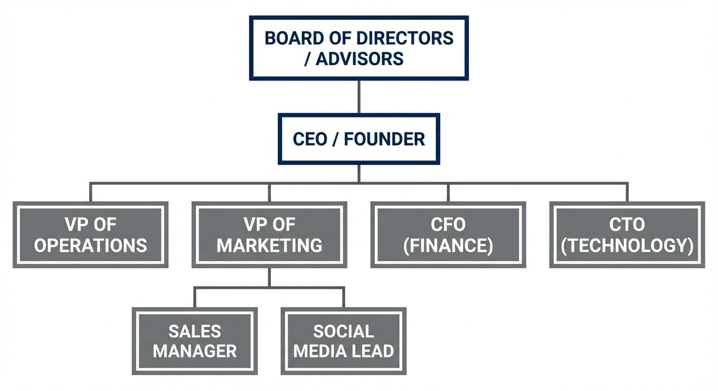 A hierarchical organizational chart for a startup business. The chart uses a tree structure. At the ...