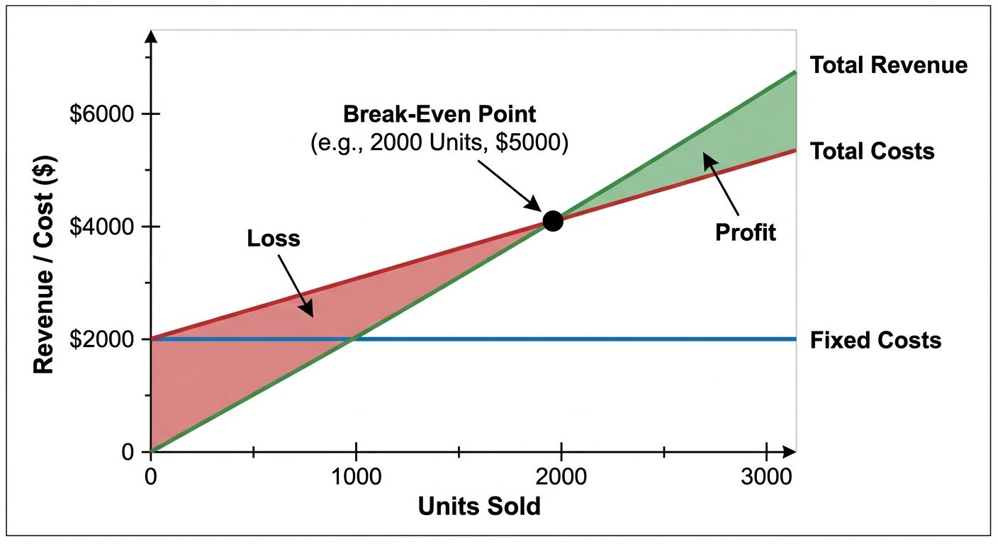 A Break-Even Analysis graph plotted on a 2D Cartesian coordinate system. The X-axis represents "Unit...