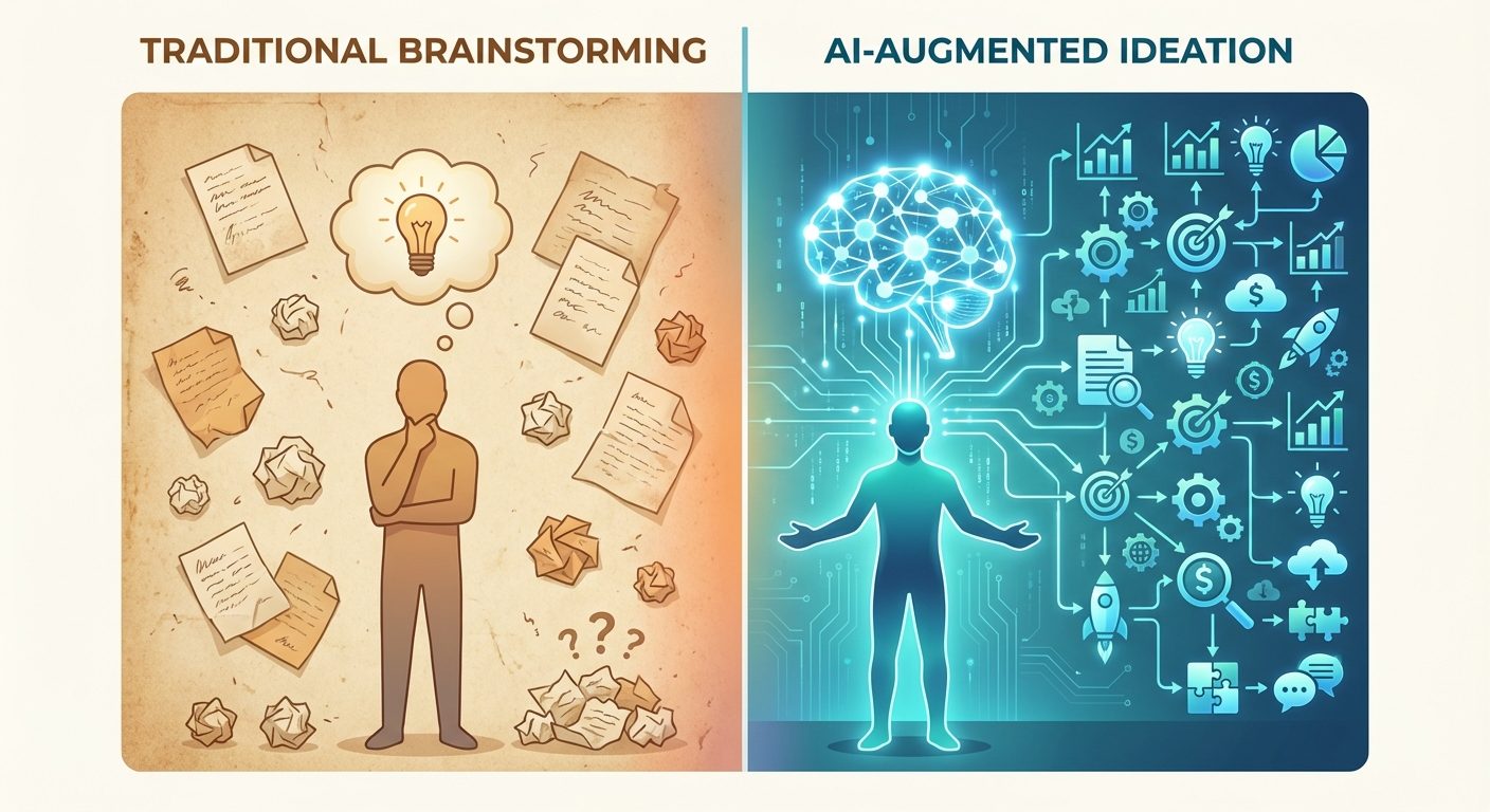 A split-screen conceptual comparison diagram. The left side is labeled "Traditional Brainstorming" s...