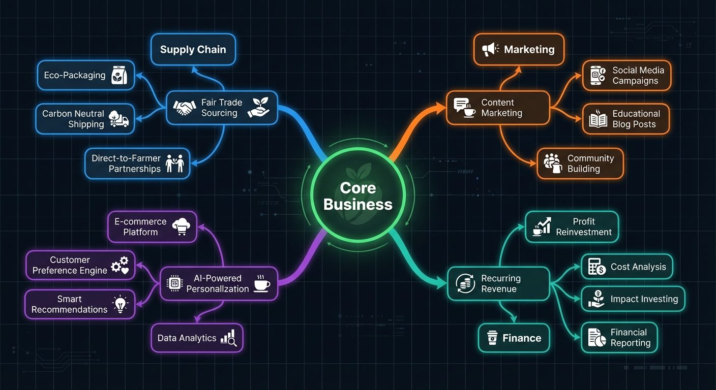 A detailed digital mind map visualization generated by AI for a 'Sustainable Coffee Subscription' bu...
