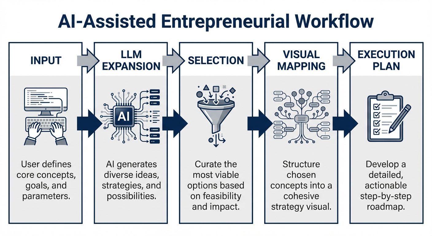 A horizontal process flowchart diagram displaying the 'AI-Assisted Entrepreneurial Workflow'. The di...