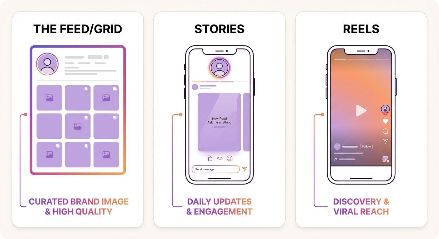A comparison diagram illustrating the different content formats on Instagram and their specific purp...