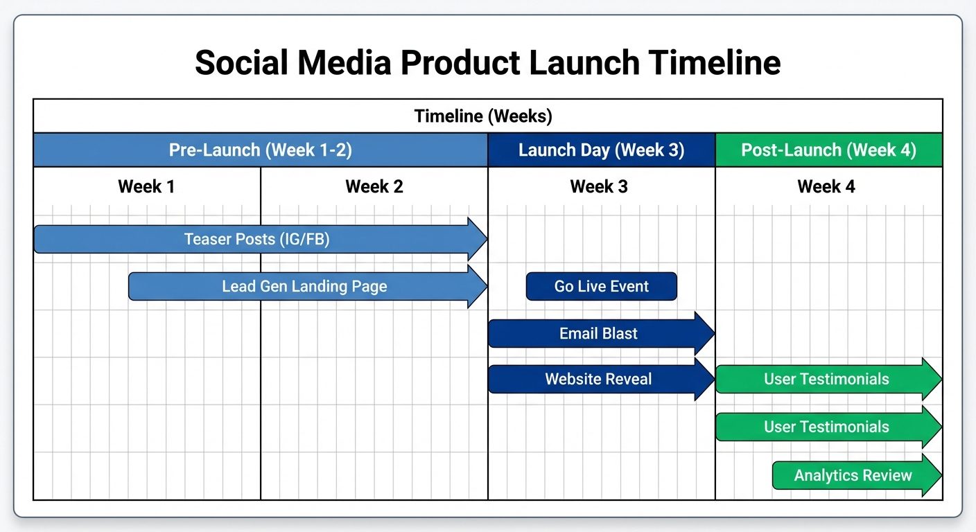 A Gantt chart visualization of a "Social Media Product Launch Timeline" spanning 4 weeks. The timeli...