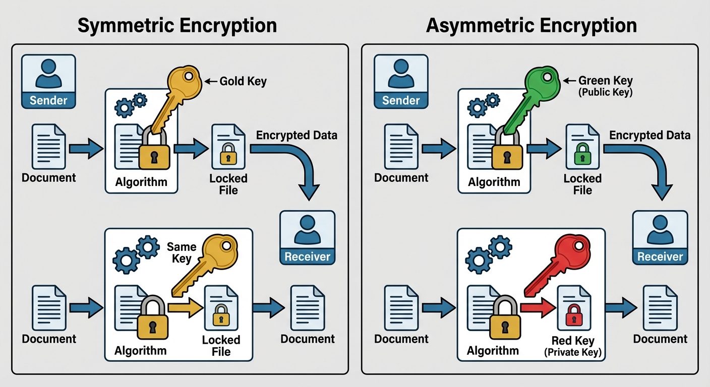 A comparison diagram split into two panels illustrating Symmetric vs. Asymmetric encryption. Panel 1...