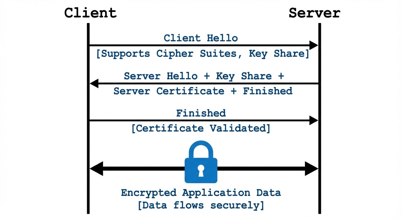 A vertical sequence diagram showing the TLS 1.3 Handshake protocol. Steps flow from top to bottom be...