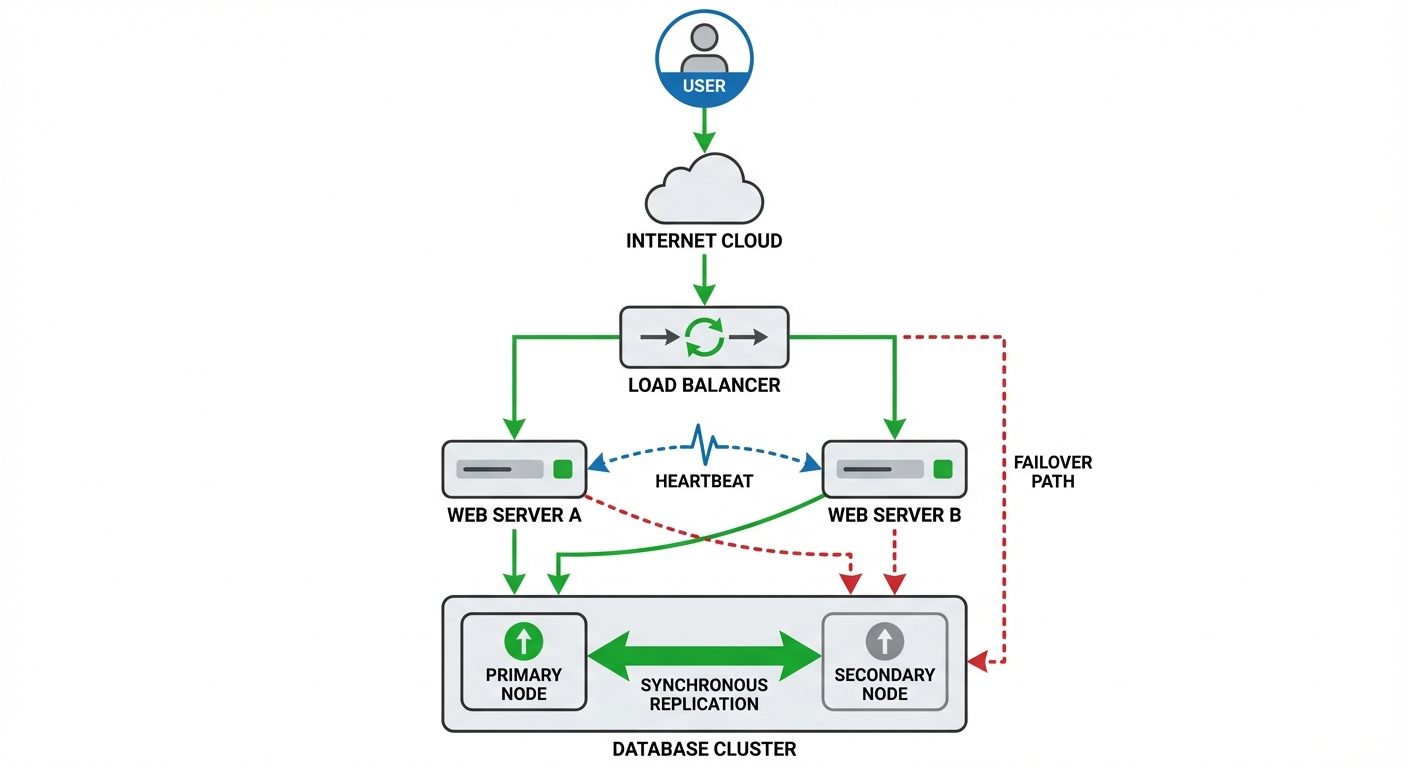 A network topology diagram showing High Availability and Load Balancing. At the top, a "User" connec...