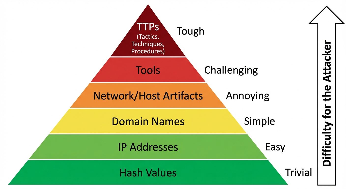 A conceptual diagram of the "Pyramid of Pain" used in Threat Intelligence. This is a triangle divide...