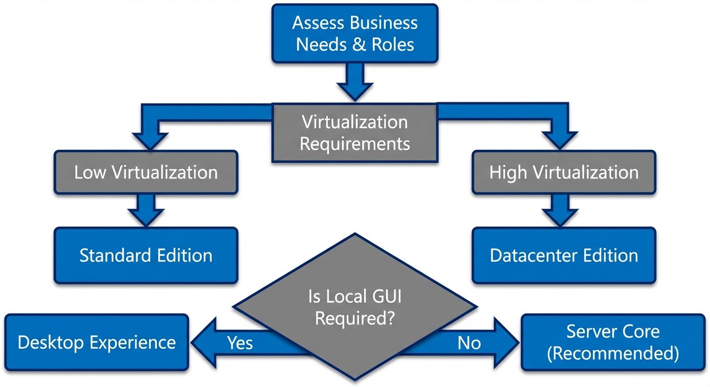 A decision tree flowchart diagram illustrating the Windows Server Installation Planning process. The...
