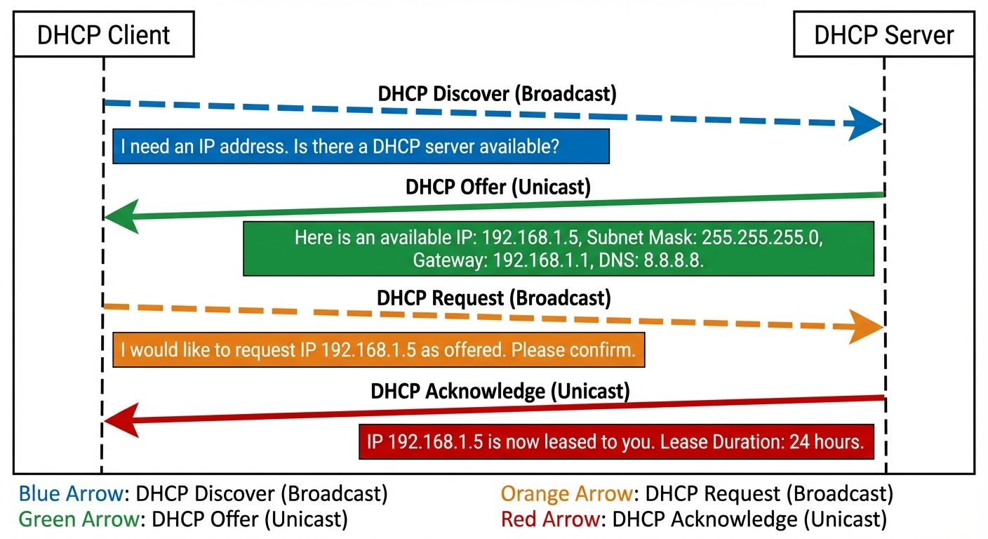 A detailed sequence diagram illustrating the DHCP "DORA" process (Discover, Offer, Request, Acknowle...