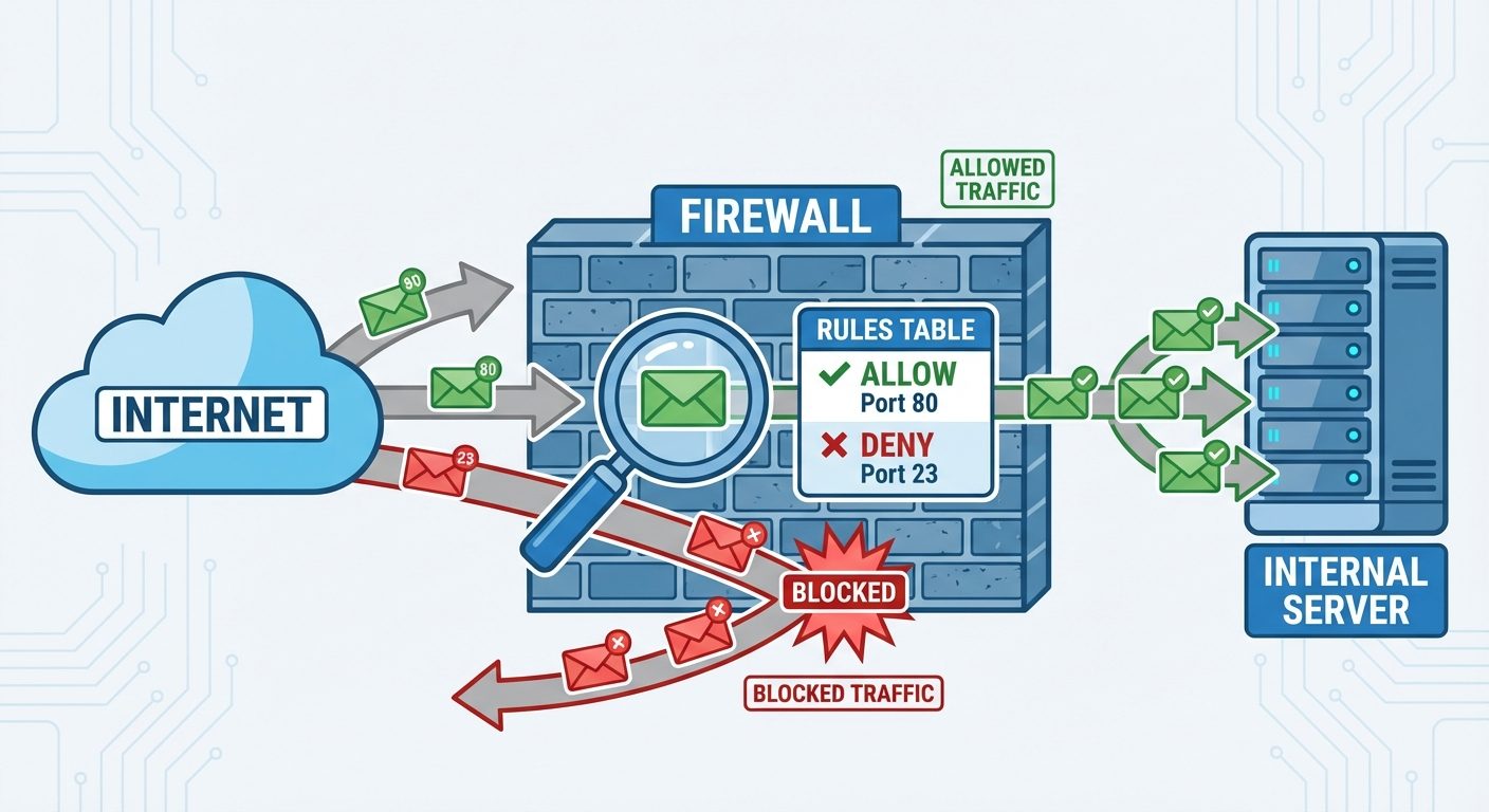 A detailed network diagram illustrating a Packet Filtering Firewall operation. On the left is a clou...