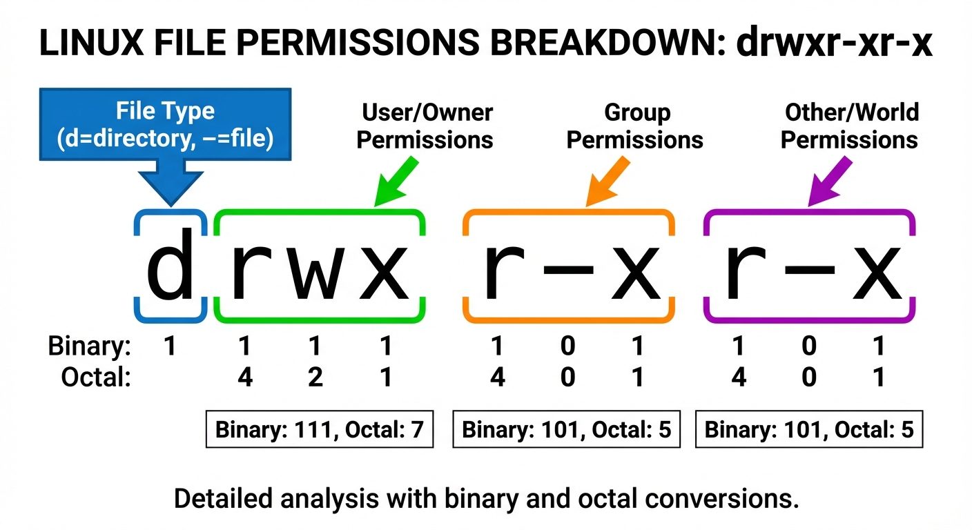A detailed visual breakdown of a Linux file listing output "drwxr-xr-x". The graphic should analyze ...