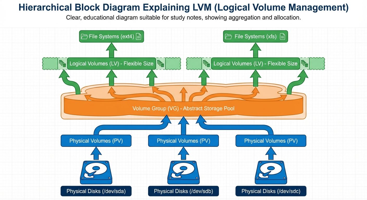 A hierarchical block diagram explaining LVM (Logical Volume Management). At the bottom, show three h...
