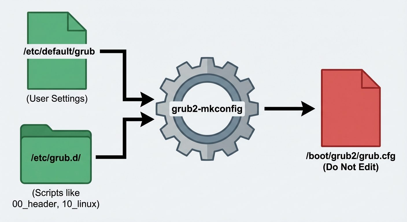 A diagram showing the workflow of generating the GRUB configuration file. On the left, stack two ele...
