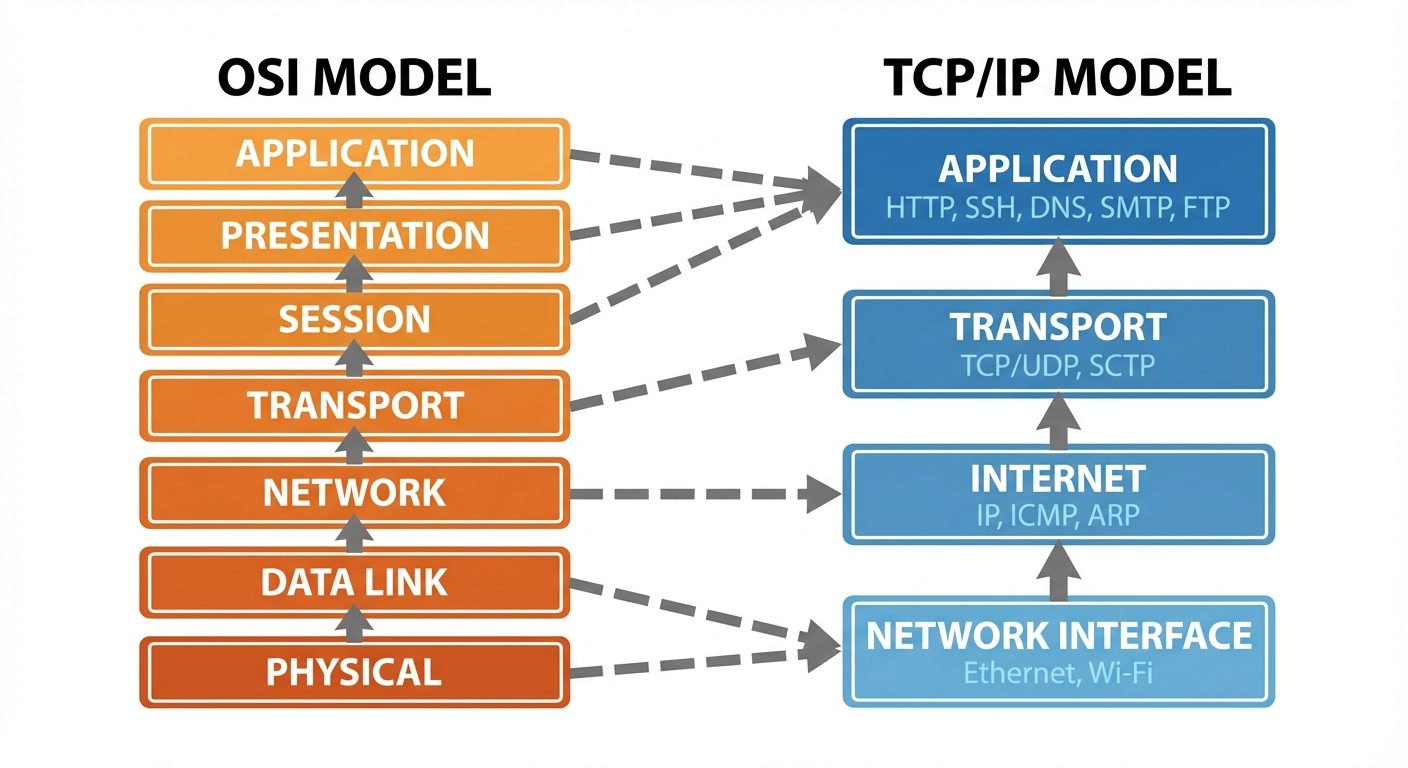 A side-by-side comparison diagram of the OSI Model and the TCP/IP Model. On the left, a stack of 7 b...