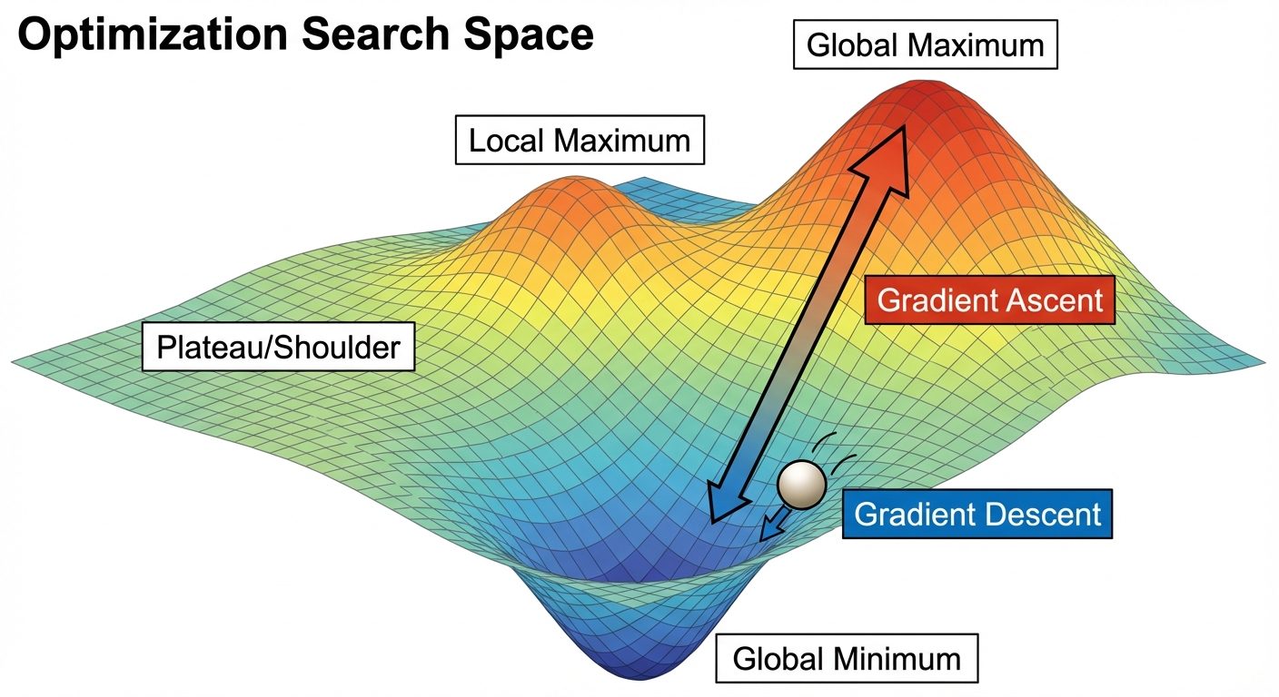 A 3D landscape diagram representing an Optimization Search Space. The terrain should feature hills a...