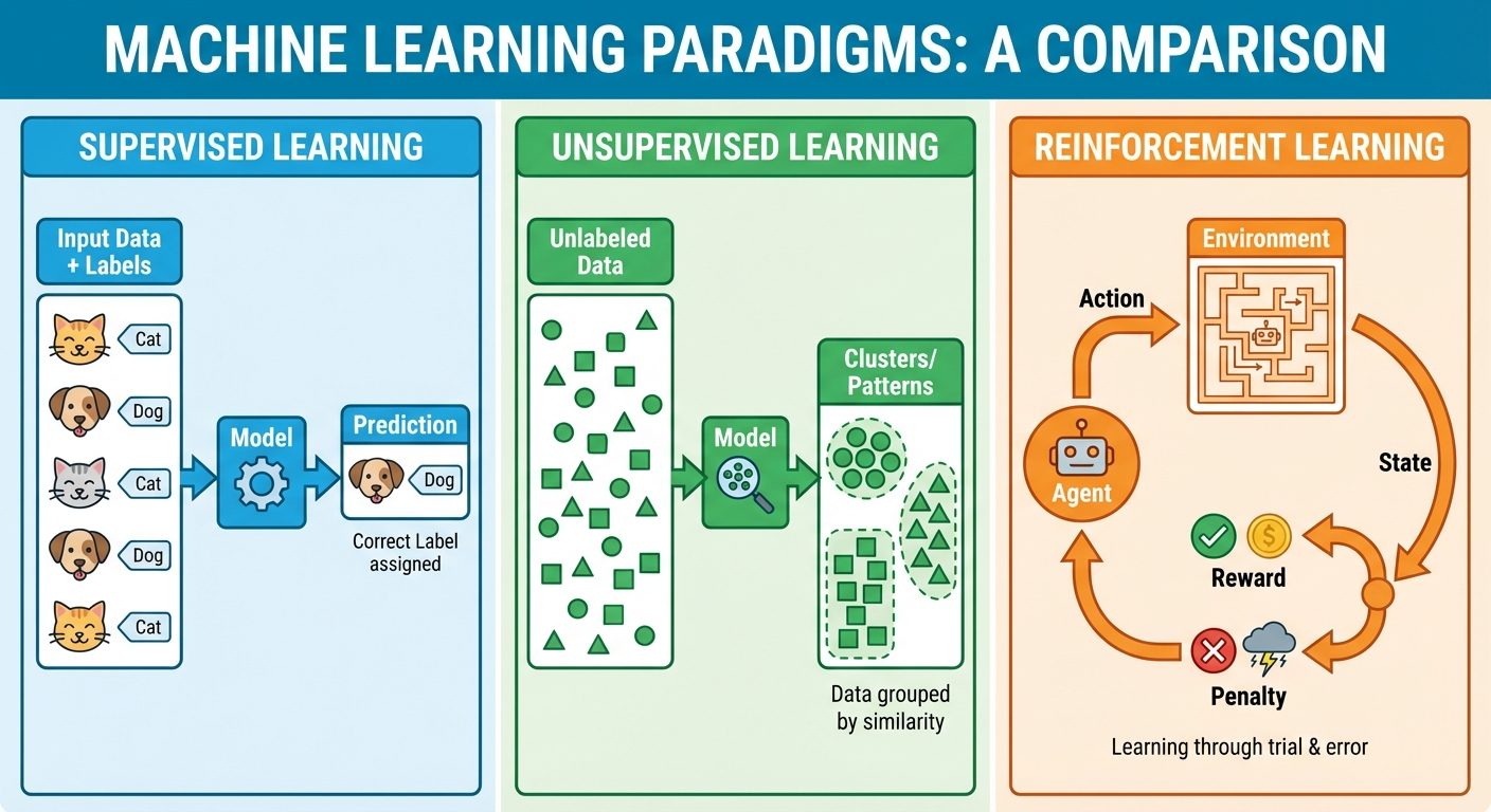 A detailed three-panel comparison diagram illustrating Supervised, Unsupervised, and Reinforcement L...