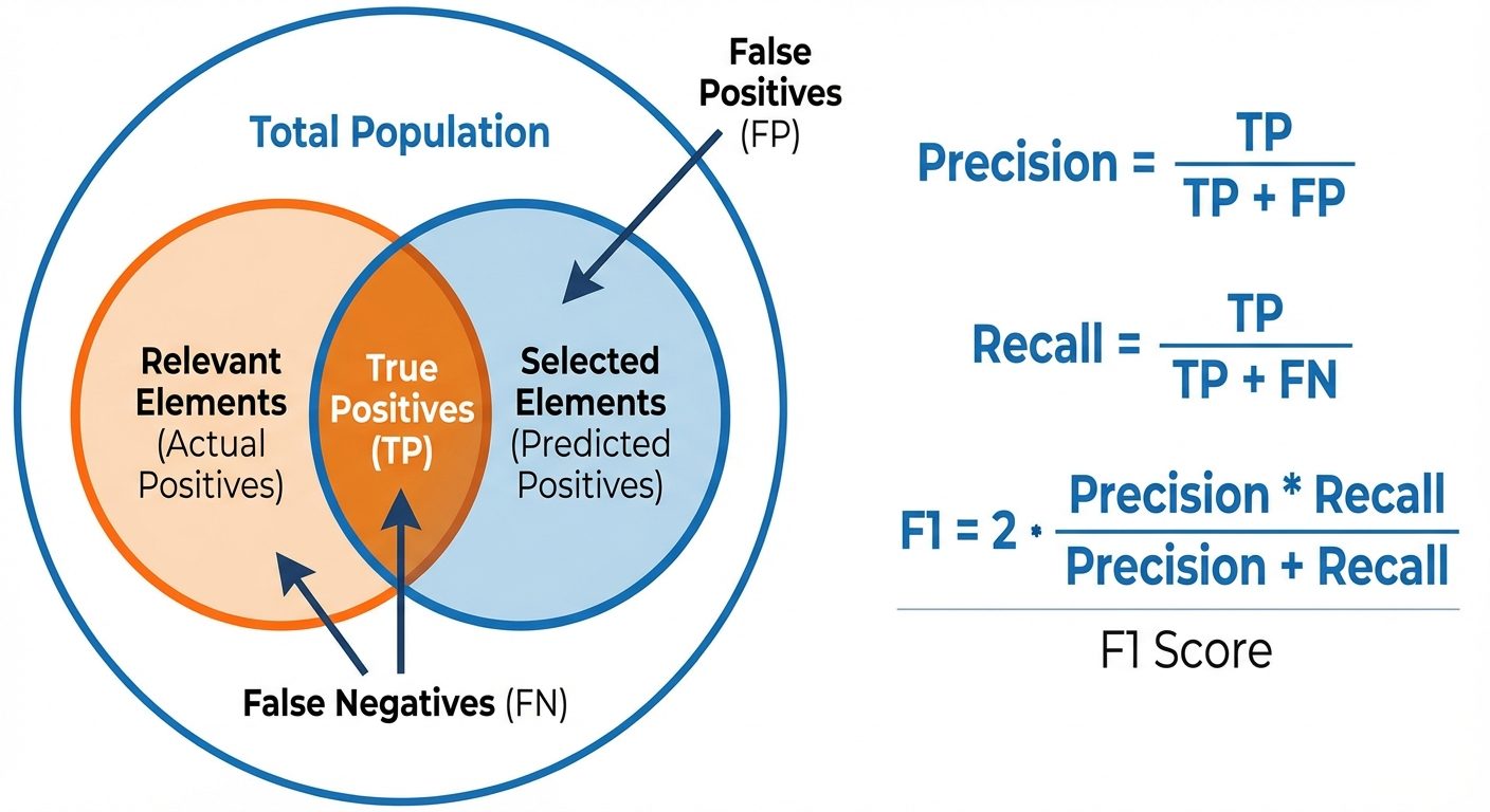 A diagram illustrating the concepts of Precision, Recall, and the F1 Score using a set of geometrica...