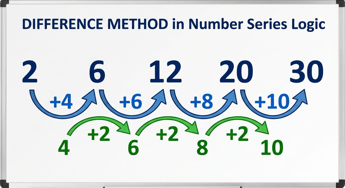 An educational diagram illustrating the "Difference Method" in Number Series logic. Show a series of...