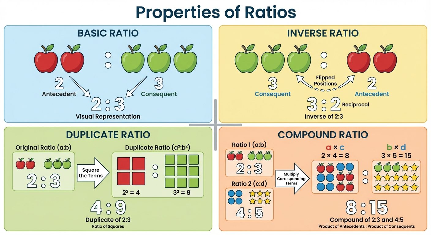 A comprehensive infographics sheet titled "Properties of Ratios". The layout should be divided into ...