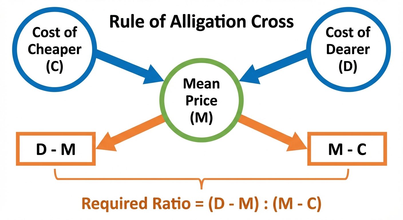 A clean, educational diagram of the "Rule of Alligation Cross". Top left circle contains text "Cost ...