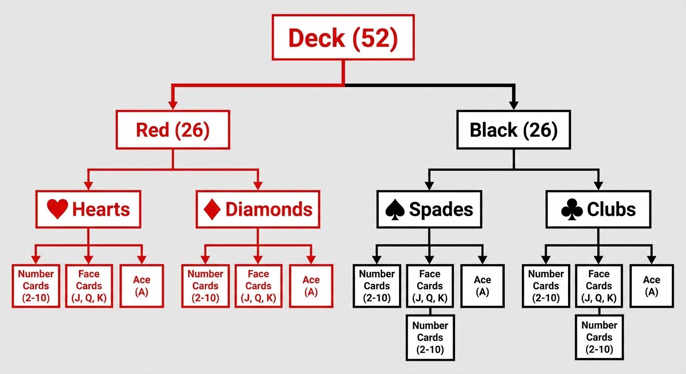 A comprehensive hierarchical tree diagram of a standard deck of 52 playing cards. The root node is "...