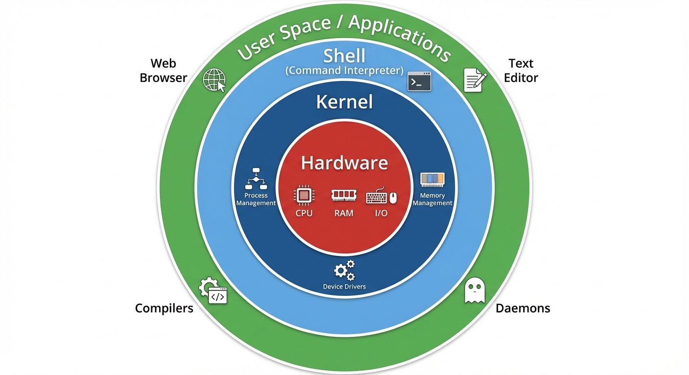 A layered concentric circle diagram illustrating the Linux Operating System Architecture. The innerm...