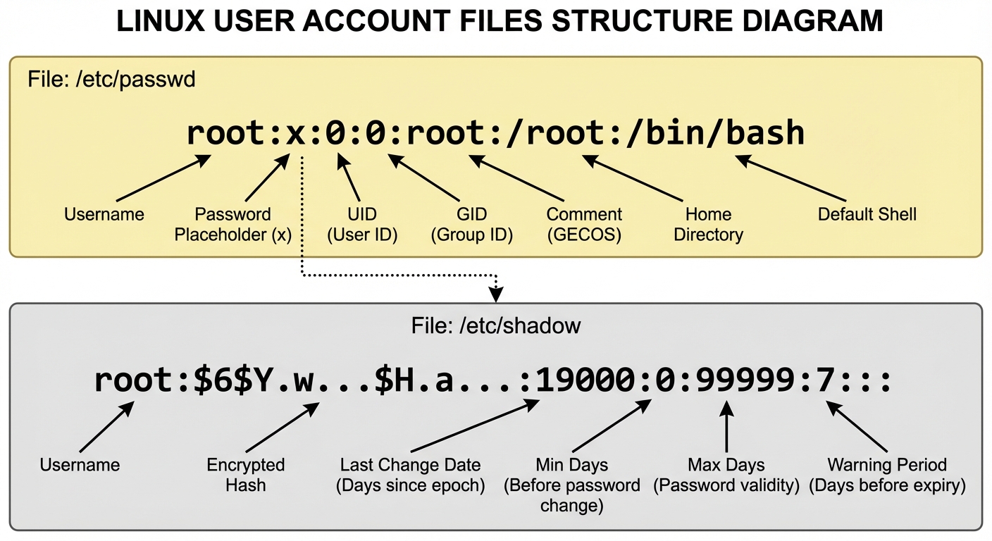 A detailed schematic diagram explaining the structure of the /etc/passwd and /etc/shadow files. The ...